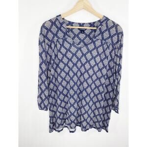 Lucky Brand Blue Cream Printed Long Sleeve V-Neck Top Women's Plus Size 1X